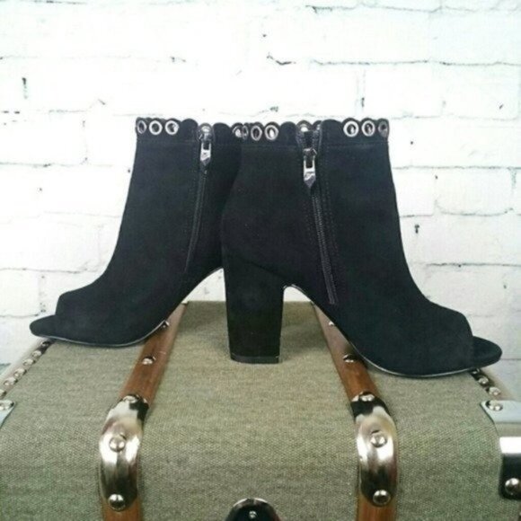 Fergie Jackie Suede, Peep Toe Eyelet Boots Black - Picture 3 of 5